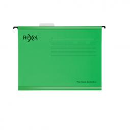 Rexel Classic Foolscap Reinforced Suspension Files 15mm V base Green Pack of 25